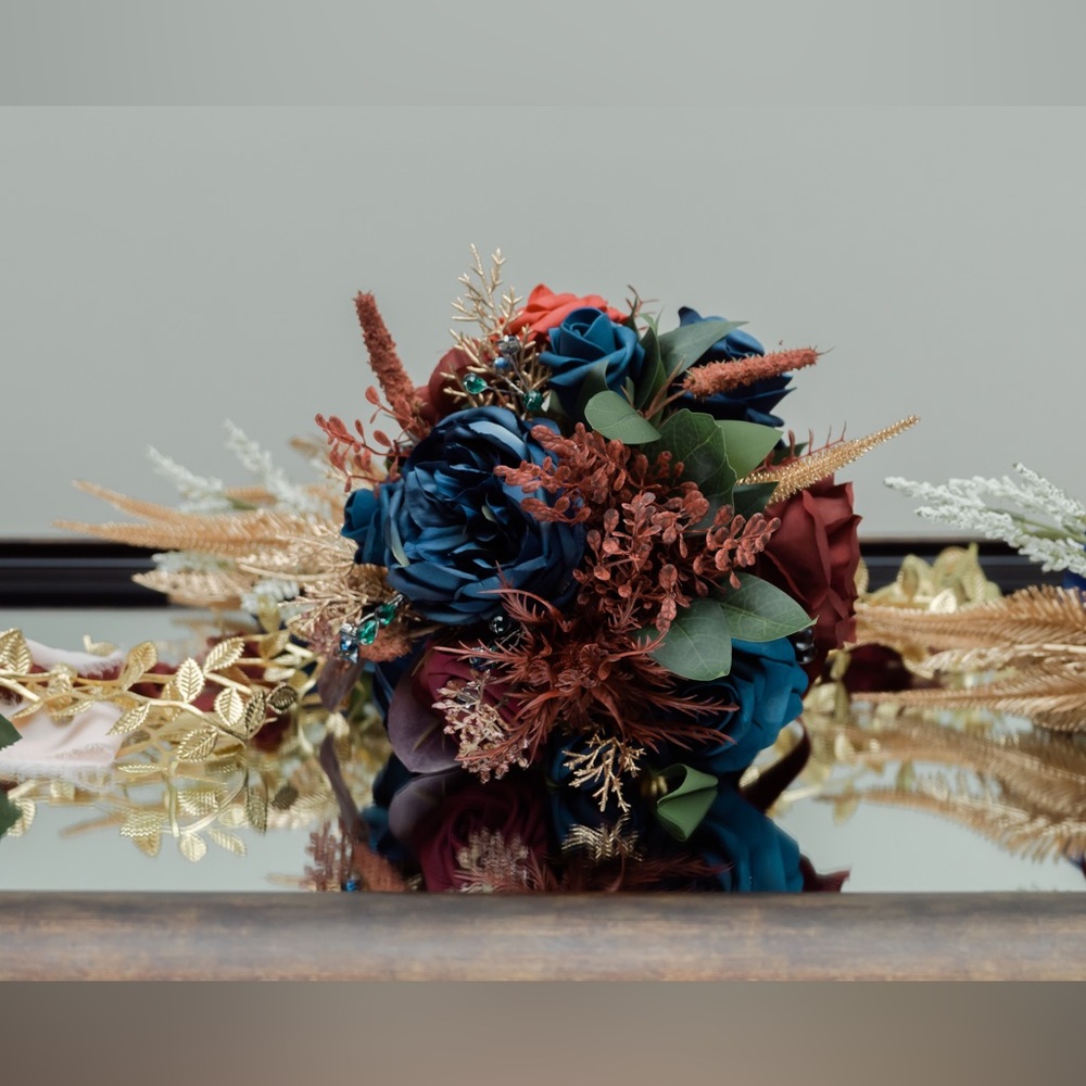 Burgundy and Navy Bouquet with Gold Accent